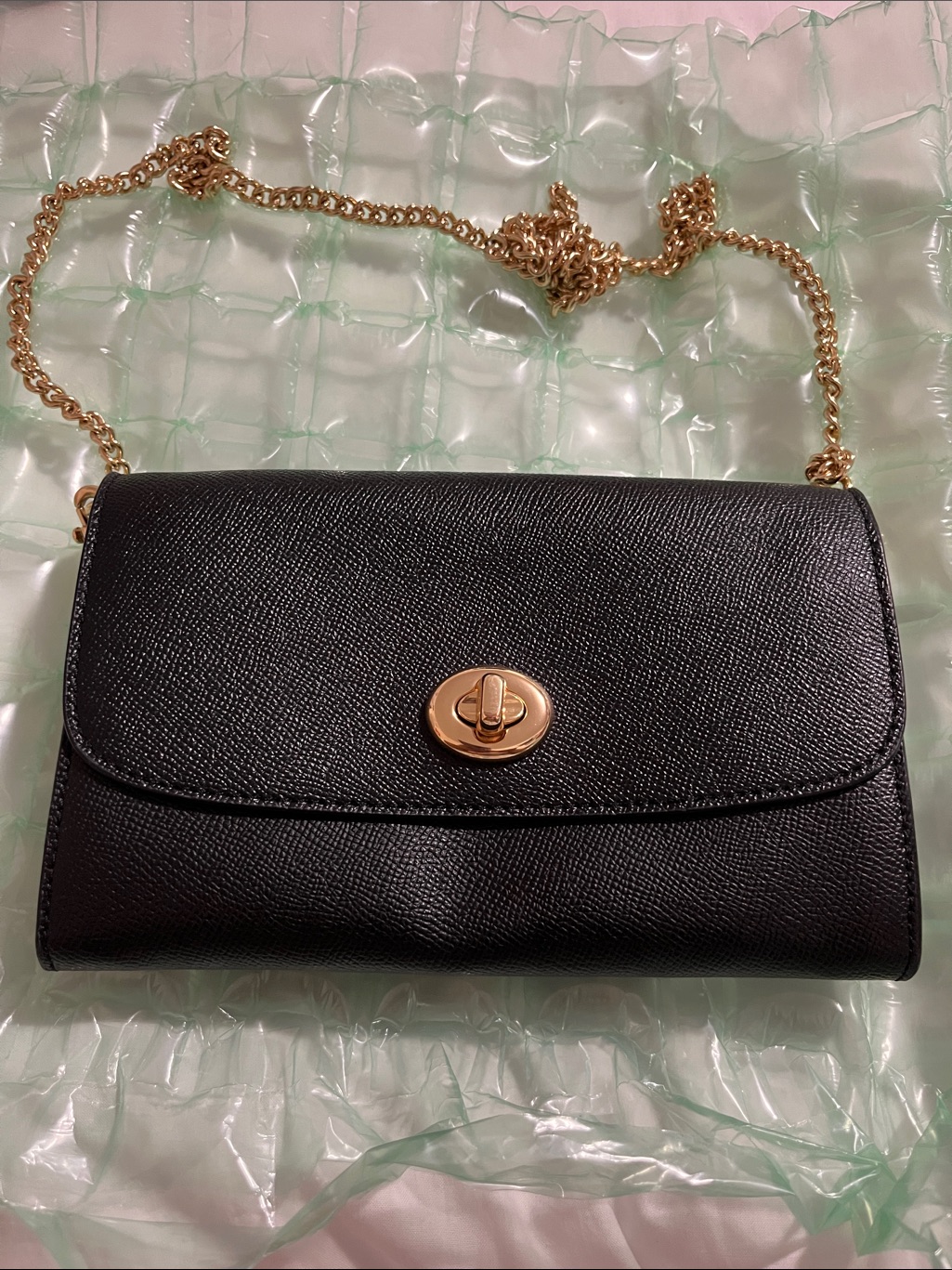 Coach Black Leather Crossbody With Gold Chain And Turn-Lock